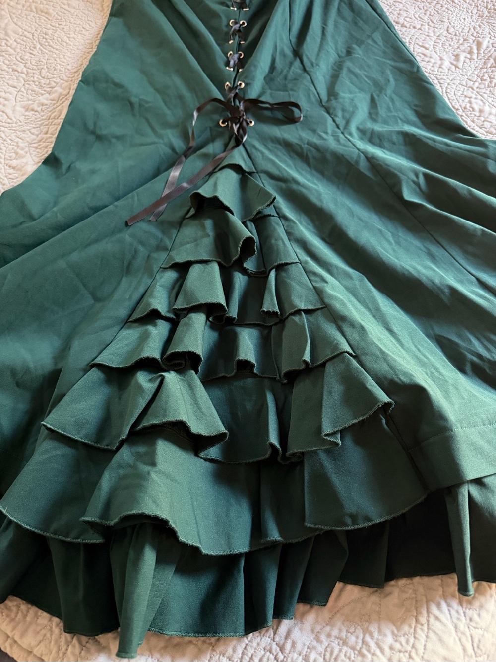 Belle Poque Green Victorian Ruffled Lace-Up Maxi Skirt- alt, goth, - Picture 3 of 8